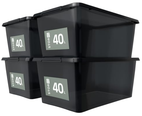 STORIQ 4x 40L Aufbewahrungsbox mit Deckel, Design-Edition, schwarz | stapelbare Ordnungsboxen für Schrank, Regal, Büro, Küche, Keller und Outdoor