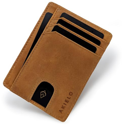 AKIELO Porta Carte di Credito con Blocco RFID in Confezione Regalo – Portafoglio Uomo Slim – Porta Tessere dal Design Minimalista (BRAVO - Edizione Marrone Chiaro)