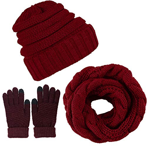CheChury vinter halsduk stickad mössa stickad set beanie handskar dam halsduk mössa handskar set stickad presentset pekskärm handskar