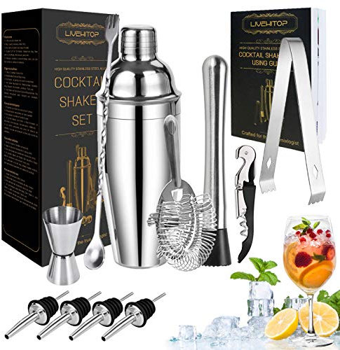 LIVEHITOP Cocktail Shaker Kit, 12 Pezzi Kit Cocktail con 750 ML Shaker Cocktail Kit Professionale per Cocktail Shaker per Bar, Feste, Casa