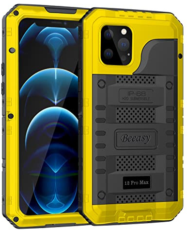 Beeasy für iPhone 12 Pro Max Wasserdicht Outdoor Hülle (6,7), Stoßfest Panzerhülle Militär 360 Grad Schutzhülle mit Displayschutz, Robust Metall Heavy Duty Handyhülle iPhone 12 Pro Max Case, Gelb