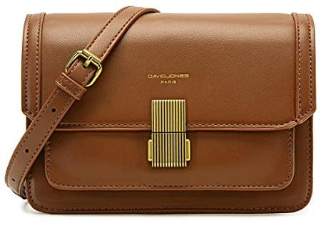David Jones - Piccola Borsa a Tracolla Spalla Donna - Borsa Mano PU Pelle con Patta e Tornello - Messenger Crossbody Bag Clutch Borsetta Sera Pochette Elegante Shopping Viaggio - Marrone Cognac