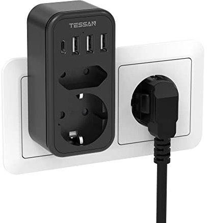 TESSAN Doppelstecker für Steckdose, USB C Mehrfachsteckdose, Steckdosenadapter 2Fach mit 4 USB Netzstecker, 3600W Mehrfachstecker für Steckdose, Stecker Doppelstecker für Phone, Schwarz