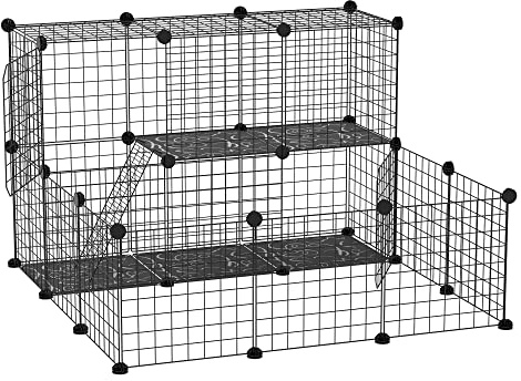 PawHut Valla para Animales Pequeños DIY con 24 Paneles Parque para Mascotas con Malla Metálica Jaula Modular para Cobayas Conejos Chinchillas 105x105x70 cm Negro
