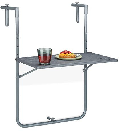 Relaxdays Balkonhängetisch klappbar, BxT: 59,5 x 60 cm, 3-Fach höhenverstellbar, 2 Getränkehalter, Geländertisch, grau