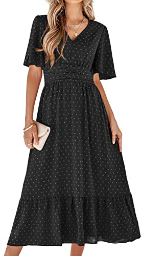BebreezChic Sommerkleid Damen Lang Boho Elegant Kurzarm V-Ausschnitt Hohe Taille Swiss Dot Gerafft Blumen Strandkleid Maxikleid, Schwarz XL
