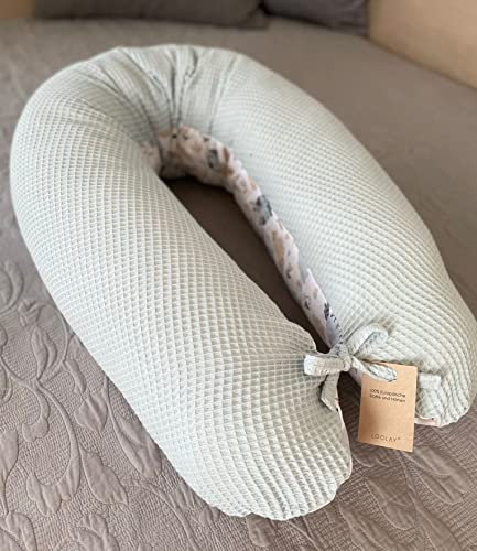 LOOLAY Schwangerschaftskissen - Stillkissen 170 cm - Seitenschläferkissen 100% Baumwolle - mit Waffelpique und Glatt Abnehmbarem Bezug - Schwanger Kissen für Schlafen (Waffel Minze/Hase)