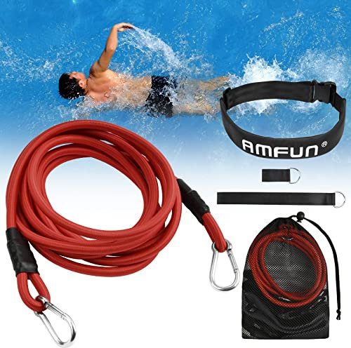 AMFUN Swimming Training Belt, Swimming Resistance Belt, Swim Training Leash, 3M Swim Resistance Band, Swim Tether Belt Stationary Swimming, Swim Bungee Cords for Kids Adults Beginners (Black)