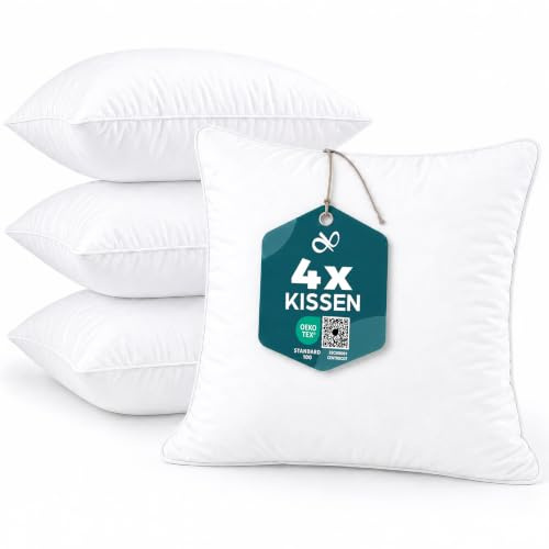 Flowen Cojines Sofa 30x30 Almohadones 4 Unidades Decorativos Relleno Cojin Hipoalergénico Antiácaros y Suave Cuadrado con Funda Exterior Almohada Respirable en Microfibra Blanca Extraíble y Lavable