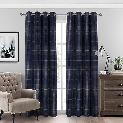 always4u 100% Blackout Curtains Check Eyelet Bedroom Tartan Curtain Plaid Brushed Cheque Pair of Highland Woolen Look Window Treatment for Living Room Navy Blue 66 * 72 Inches
