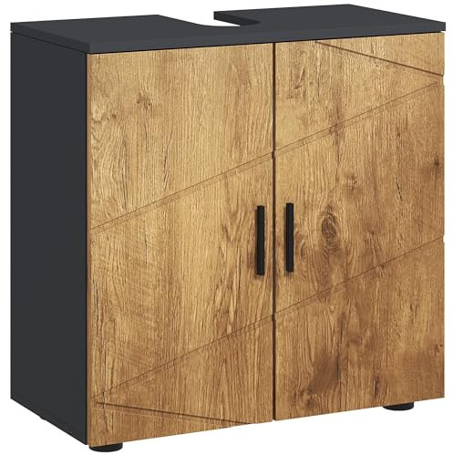 kleankin Meuble sous lavabo Meuble de Salle de Bain 2 Portes avec étagère réglable Armoire de Rangement pour Vasque 60 x 30 x 60 cm Gris Anthracite et Aspect Bois