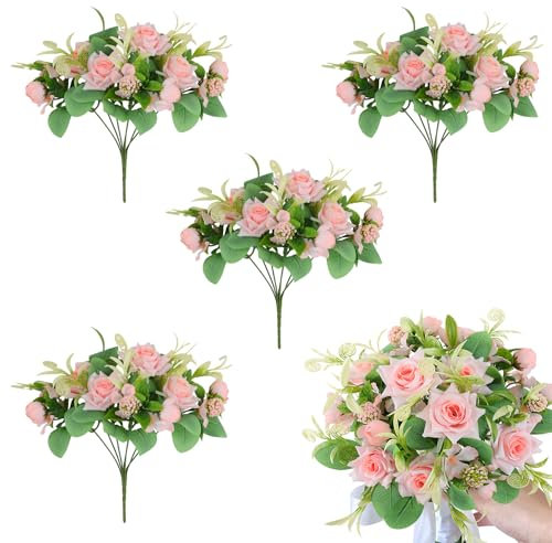 Hobyhoon Künstliche Rosensträuße aus Seide, Blumensträuße mit Laub, 7 Blütenköpfe, Dekoration für Hochzeit, Zuhause, Büro, Garten, Rosa, 4 Bündel