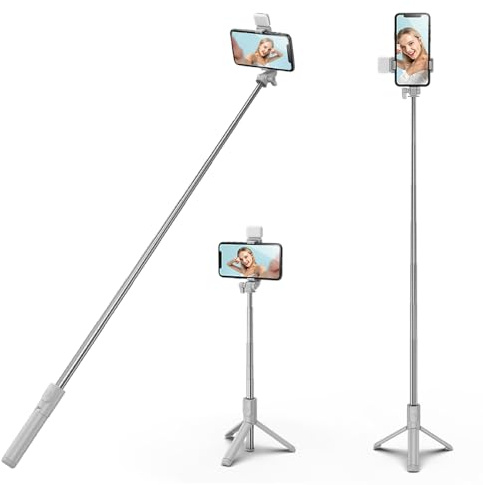 H.May Perche Selfie Trepied avec Lumière, Selfie Stick Trépied pour Téléphone avec Télécommande Détachable pour Voyages, Vlogs et Photos Compatible avec iPhone, Samsung, Huawei, Blanc