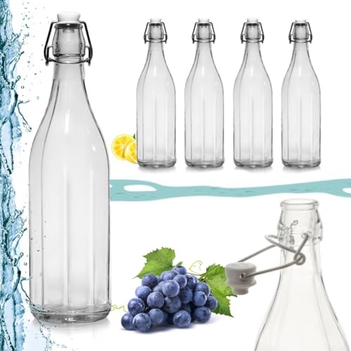 SET Bottiglia acqua in vetro vuota costolata con tappo ermetico per alimenti - Bottiglia vetro acqua vino limoncello liquori MADE IN ITALY - 6 pz