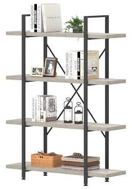 Mudmasa Bücherregal Standregal Pflanzentisch 4 Ebenen Holz Grey Metallgestell Regal für Wohnzimmer Arbeitszimmer Schlafzimmer Küche Büro Kinderzimmer Industrie Design 32x105x140cm