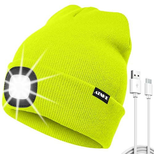ATNKE LED Mütze mit Licht, USB Typ C Wiederaufladbare 4 LED Beleuchtete Laufmütze Extrem Heller Lampe Winter Warme Stricken Mütze für Herren und Damen Geschenke/Fluorescent Yellow