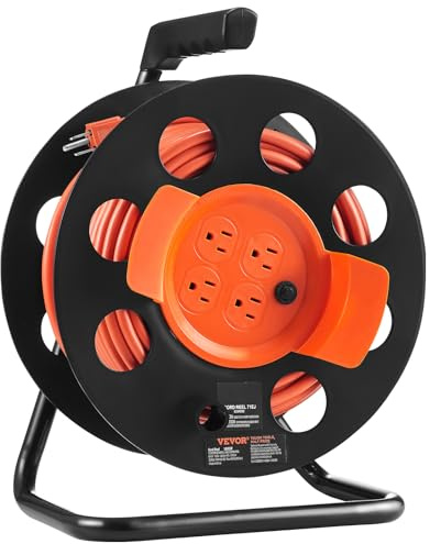 VEVOR 100 FT Retractable Extension Cord Reel with 4 Outlets & Heavy Duty 14AWG SJTOW Power Cord Cable, Portable Handle and Safety Overload Circuit Breaker, for Outdoor Indoor Toolshed Garage Use