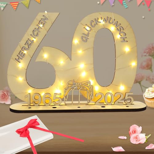 Seutgjie Deko 60 Geburtstag Frau Mann, Geldgeschenke Geburtstag 60 Originelle Holz Schild Gästebuch mit LED Lichterkette für Männer Frauen Diamantene Hochzeit Jubiläum Tischdeko 1965-2025
