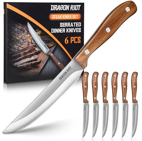 DRAGON RIOT Juego De 6 Cuchillos Para Carne, Cuchillo Para Carne Con Mango De Madera, Juego De Cuchillos De Mesa Con Embalaje De Regalo