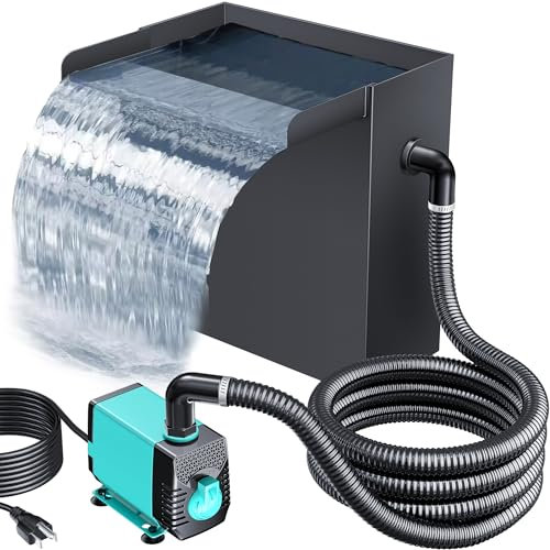 POPOSOAP Cascata per laghetto con kit pompa, 34 cm di altezza x 30,5 cm di larghezza, in acciaio inox, con pompa per laghetto, filtrazione, tubo ondulato da 34 m per esterni, giardino, laghetto