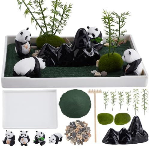 WEBEEDY Mini Zen Garden Kit DIY Panda Sand Tray Kit for Desktop Sandbox,8x4 Crafted Meditation Rectangle Tray Miniature Meditation Stone Ornaments Japanese Office Home Desktop Relaxation Decor