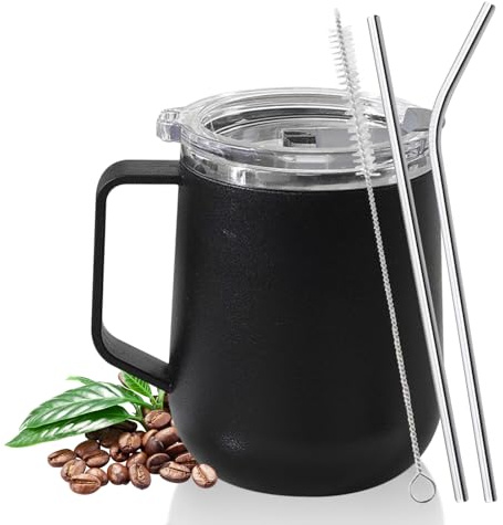 Kytpyi Tasse a Cafe, Mug Isotherme, 450ml Double Couche Anti-brûlure Gobelet Isotherme avec Paille Couvercle 1 Brosse, Mode Mug Acier Inoxydable pour Maison Lécole Bureau (Noir)