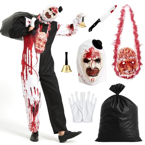 KKSJK 7 Stück Terrifier Kostüm, Art the Clown Costume, Outfits der Killer Clown Overall mit Maske und Weihnachtsmann Gesicht, Movie Terrifier 3 Kostüm für Erwachsene Halloween Karneval Cosplay