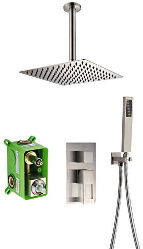 Système de douche, système de douche à montage au plafond inclus Pommeau de douche à effet pluie de 10 pouces Corps de valve pré-encastrés Douche à main, système de douche à effet pluie en nickel
