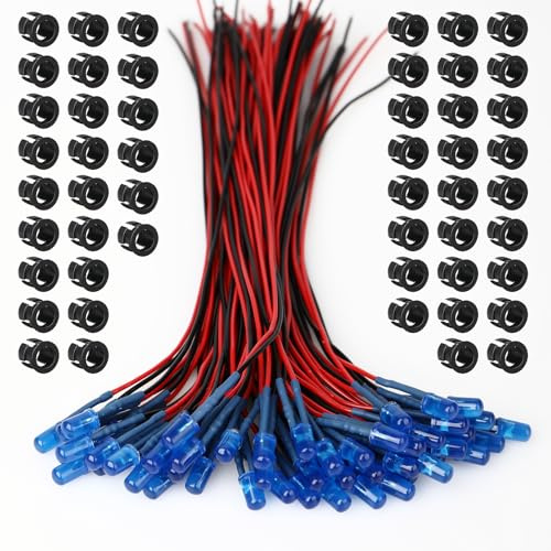 50PCS 5mm Pre-Wired Blue LED 9-12V with Mounting Rings for DIY | Built-in Resistor, Diffused Lens, Red/Black Polarized Wires for Automotive, Models, Control Panels & Electronics