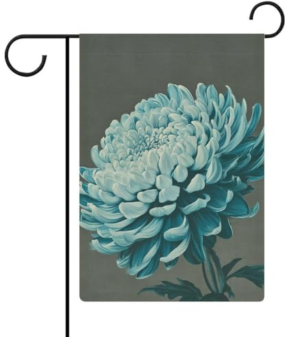 Blaugrüne Chrysanthemen-Blumen-Gartenflagge, saisonaler Urlaub, Jute, doppelseitig, Haus, Hof, Außenflaggen, 30,5 x 45,7 cm