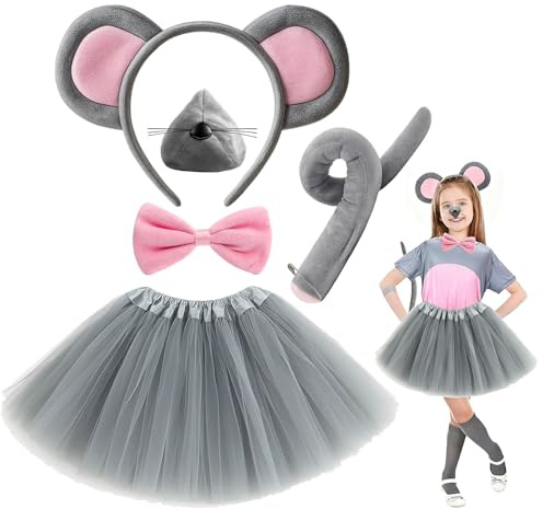 DvBCNMe Maus Kostüm Set, 5-teiliges Tierkostüm für Kinder und Erwachsene, Verkleidung für Halloween, Karneval und Schulaufführungen, Mickey Mouse Inspiriertes Design mit Ohren und Schwanz