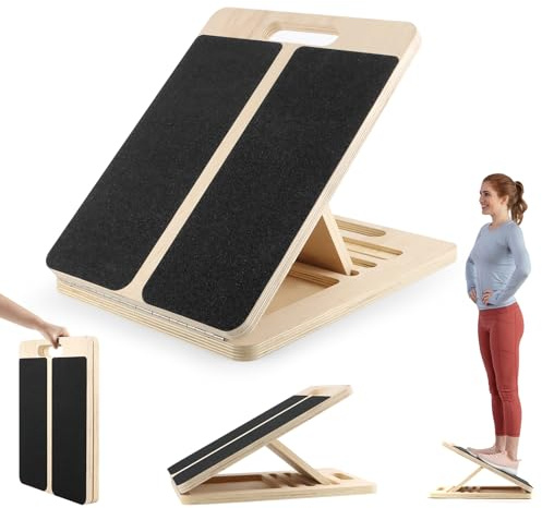 Tavola Inclinata in Legno, Balance Board per Allungare in 5 Angolazioni, Tavola Inclinata Regolabile, Antiscivolo Slant Board e Allungatore per Stretching, Squat, Polpacci & Riabilitazione