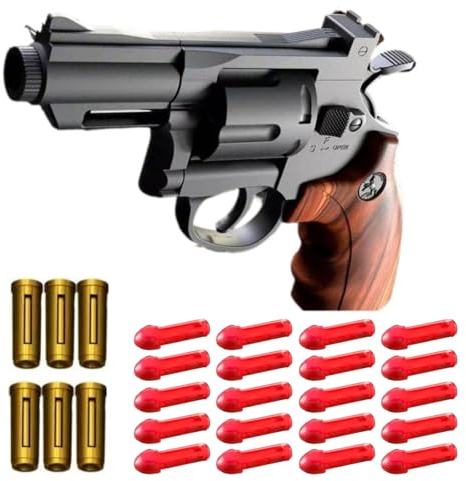 Juego de revólver de 18 Piezas, Pistola de Juguete de Espuma Suave con Balas Blandas y Casquillos, Adecuado para Adolescentes Mayores de 14 años como Regalo de Año Nuevo o cumpleaños (veta de Madera)