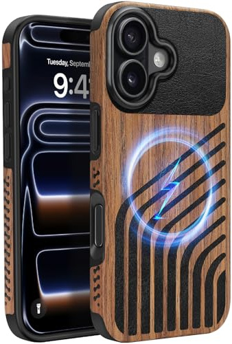 ZZDZZ Coque Magnétique pour iPhone 17 [Compatible avec MagSafe] Étui en Bois et Cuir Protection Antichoc Housse pour iPhone 17 - Bois Cuir