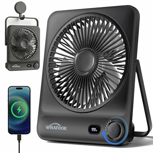 WHATOOK Akku Ventilator 10000mAh, 40H 100 Stufen Tischventilator Leise | USB-C, Notstromversorgung, Smart LED-Anzeige, Reinigbarer, Ultraflacher Tragbarer Lüfter für Büro Schlafzimmer Camping Reisen