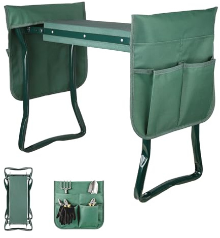 Treeboy aufstehhilfe Garten kniebank für Gartenarbeit kniestuhl & 2 Taschen | 2 in 1 klappbar Gartenkniebank kniekissen kniehocker bis 150kg Gelenkschonend mit Werkzeugtaschen, Grün, 59x27x49cm, Eva