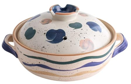 Hand-painted ceramic casserole dish with lid for soups, stews and pasta - heat-resistant stoneware pot with heat release holes, non-slip unglazed base - ideal for household kitchen, family meals(3.5l)