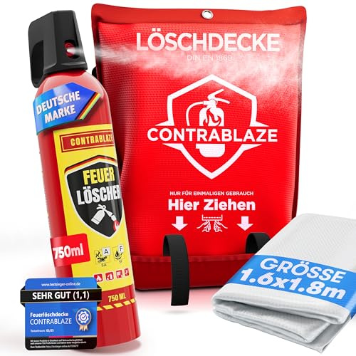Feuerlöschdecke 1,6x1,8m + Feuerlöschspray 750ml – Brandschutz Set für Haushalt, Küche & Auto – Mini Feuerlöscher Spray + Löschdecke EN1869 – für Fettbrand, Elektrobrand & Notfälle