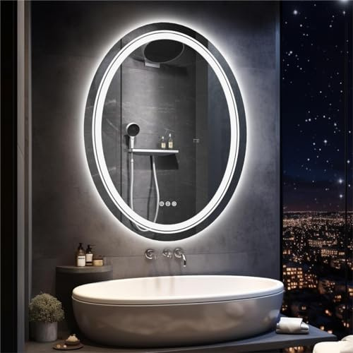 LUVODI Miroir Salle de Bain avec Prise: 50x70cm Miroir Lumineux avec Deux Bande LED Gradable IP65 3 Températures de Couleur Anti Buée CRI95 Mémoire