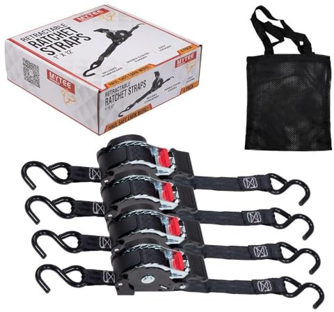 Mytee Products 4 Auto Retract NO-RATCHETING Ratchet Straps | 1 x 12' Retractable Ratchet Straps with Coated S Hook Tiedowns for Motorcycles, ATVs, Bikes: Tight & Secure Pickup Trailer Tie-Down