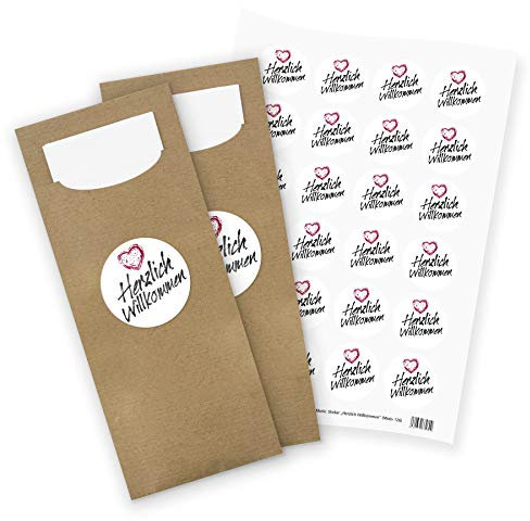 itenga 24x Bestecktasche/Pochetten braun mit Serviette + Stickerbogen Herzlich Willkommen (Motiv 126)