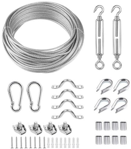 TooTaci Drahtseil 3mm Set, 304 Edelstahl Stahldraht Kabel 7×7, 20M Stahlseil Ummantelt aus Vinyl, Stahlseil mit Ösen,Seilspanner Spanngarnitur,Haken, M3 Crimpschlaufenhülse,für Lichterkette Hängen