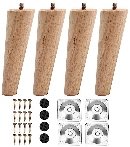 INMOZATA 4PCS Wooden Furniture Legs 15cm Replacement Sofa Legs Chair Legs with Mounting Plates & Screws, Furniture Feet for Chair Bed Sofa Couch Table Cupboard Cabinet Ottoman (16cm, Natural Colour)