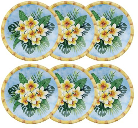UP ware Juego de 6 platos de melamina, sin BPA, aptos para lavavajillas, platos redondos para plato principal, pasta y ensalada, platos de cena de 11 pulgadas (plumeria de bambú)