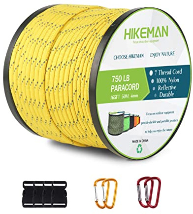 HIKEMAN paracordsnöre 750 nylonrep – 4 mm parachutrep med 7 trådar fallskärmssnöre, slitstark kärnkappa, rep, 50 m nylonrep för armband, linne, halsband (guld)