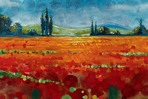 Kunst-Leinwand, auf Holz gespannt, Bars Spring Meadows II Werbelow Selina – Landschaft horizontales Bild rot orange grün blau Landschaft Zypressen Bäume hori Fine Art 20_X_31_in