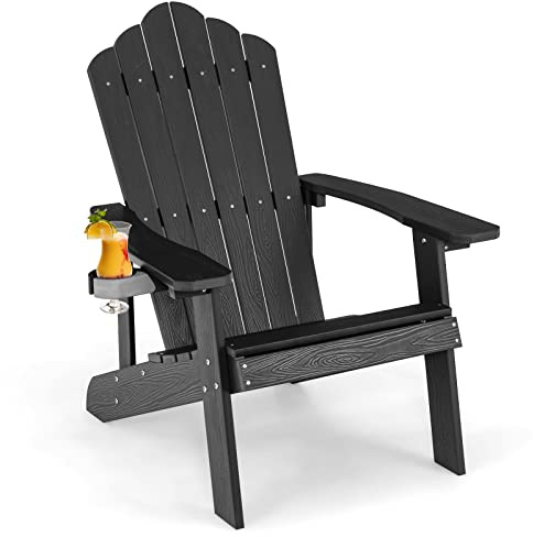 COSTWAY Adirondack Stuhl mit Getränkehalter, Adirondack Chair Kunststoff | Wetterfester Gartensessel aus HIPS, Gartenstuhl, Outdoor-Stuhl für Garten, Terrasse, 170 kg Tragfähigkeit, Schwarz