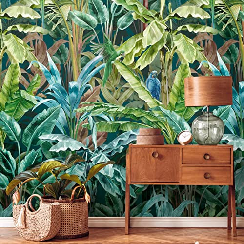 Livingwalls Travel Styles - Carta da parati in tessuto non tessuto, motivo: pappagallo in verde e blu, per diversi ambienti, 1,59 m x 2,80 m