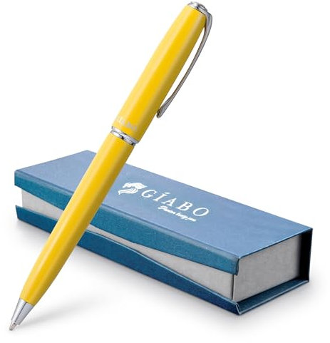 Gíabo Hochwertiger Kugelschreiber in Gelb aus Edelstahl mit Chrome-Akzenten und Klavierlack-Optik | Edler Drehkugelschreiber mit Geschenkbox – Ideal für Büro, Business und besondere Anlässe
