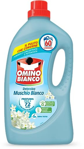 Omino Bianco - Detersivo Lavatrice Liquido, 60 Lavaggi, Rispetta Colori e Tessuti, Fresco Profumo con Essenza di Muschio Bianco, 2400 ml